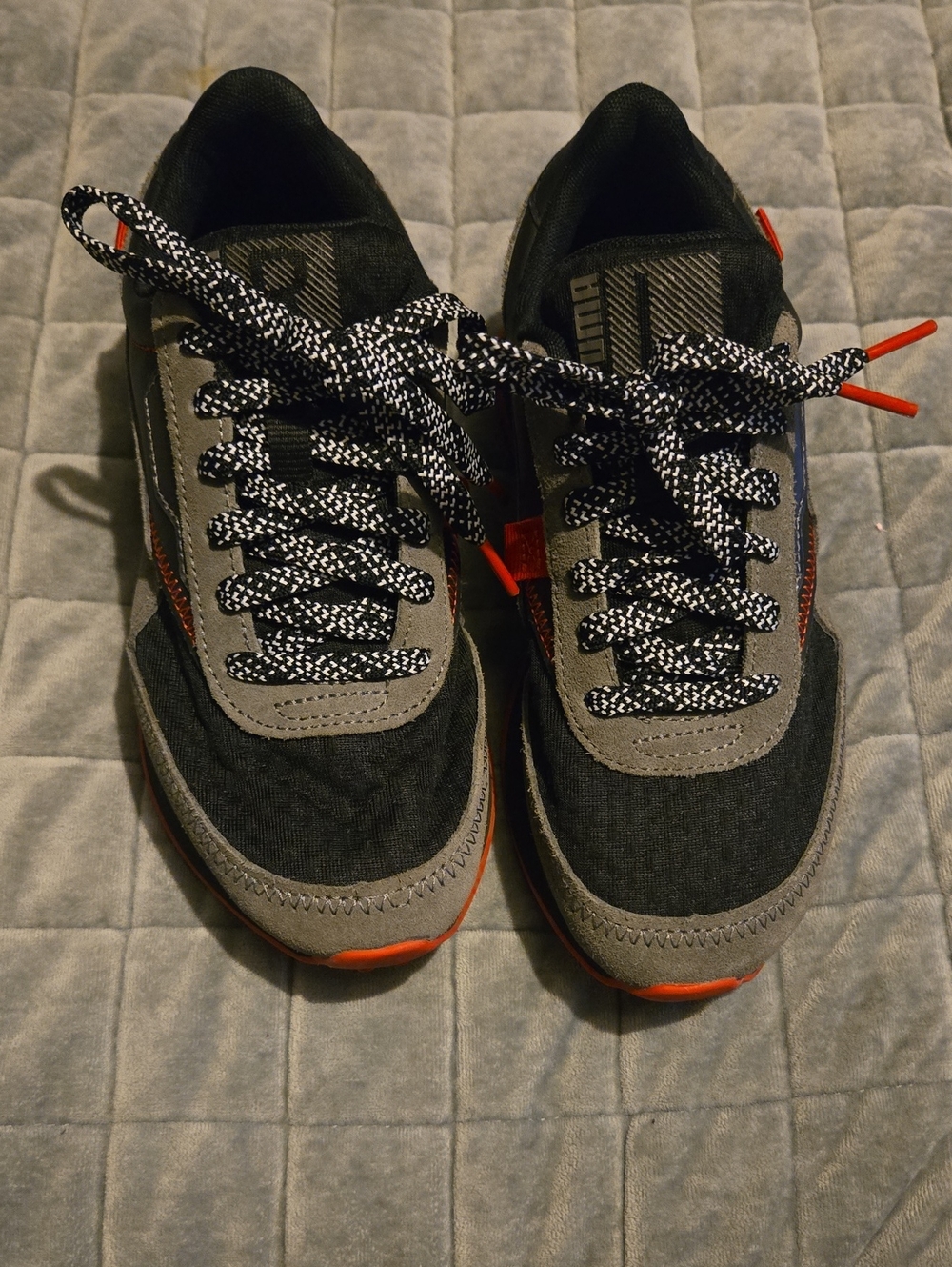 Kids Black and Gray Casual Puma Sneakers with Red Accents
